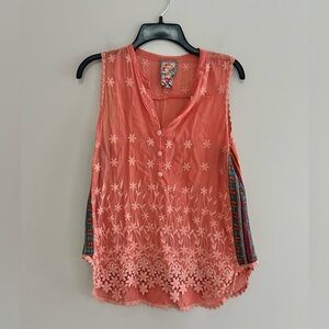 Johnny Was Embroidered Floral Boho Malin Tank in Coral, size XS